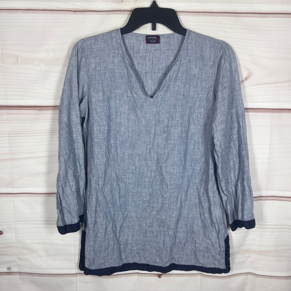 UNTUCKit Tunic Top Womens 4 Blue Linen V-Neck Long Sleeve Side Slit Blouse Woven